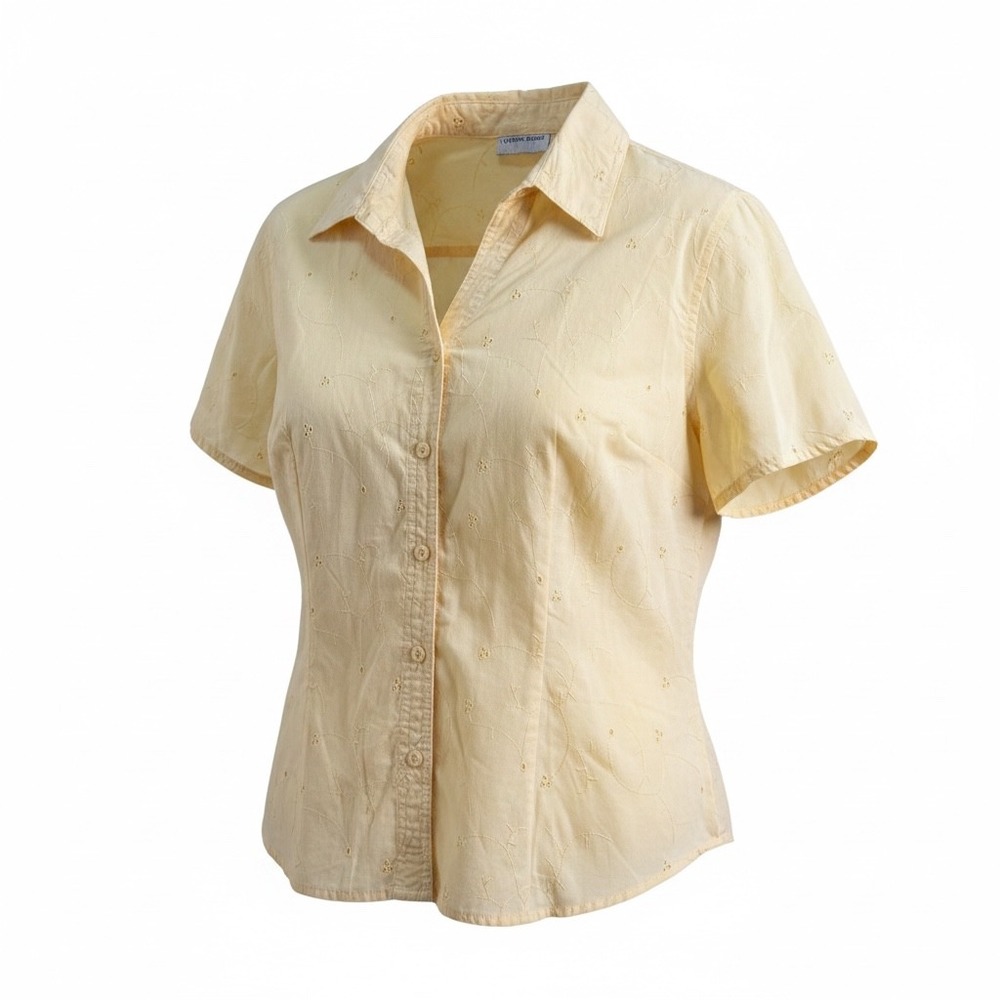 Lemon Grass Womens XL Yellow Floral Embroidered Eyelet Short Sleeve Button Down